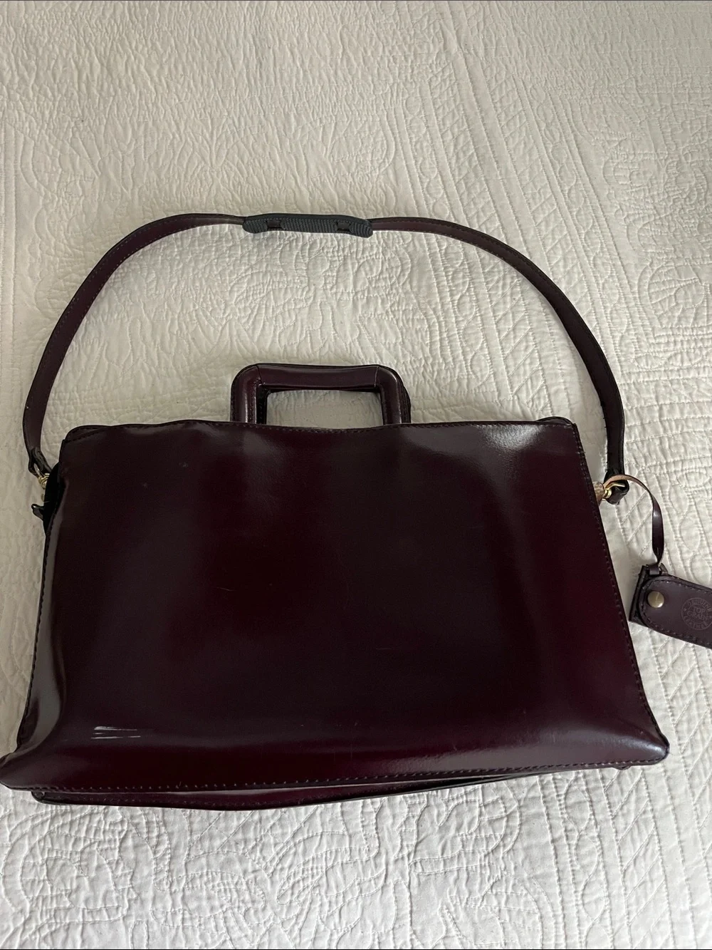 Vintage Burgundy Patent Leather Briefcase Satchel Bag with Gold Hardware